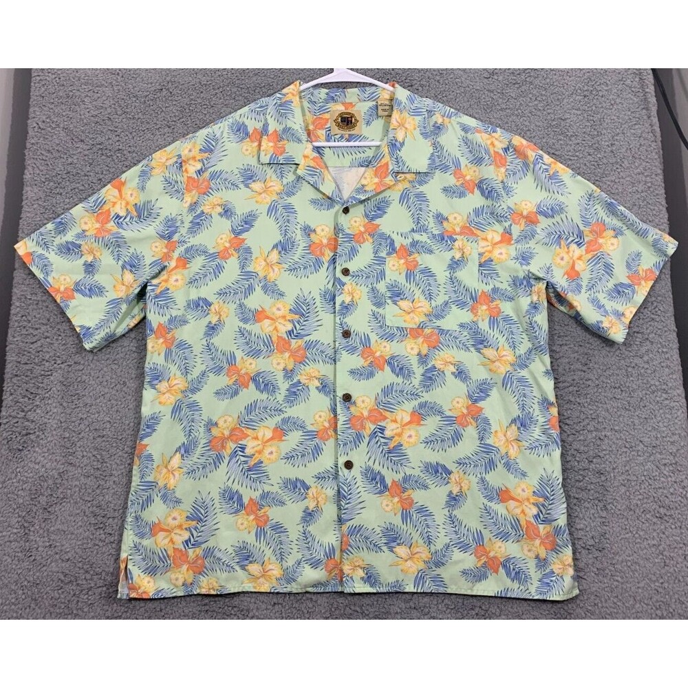 Large (L) Hawaiian Tropical Flowers Print Shirt Silk Cotton Blend Button-down
